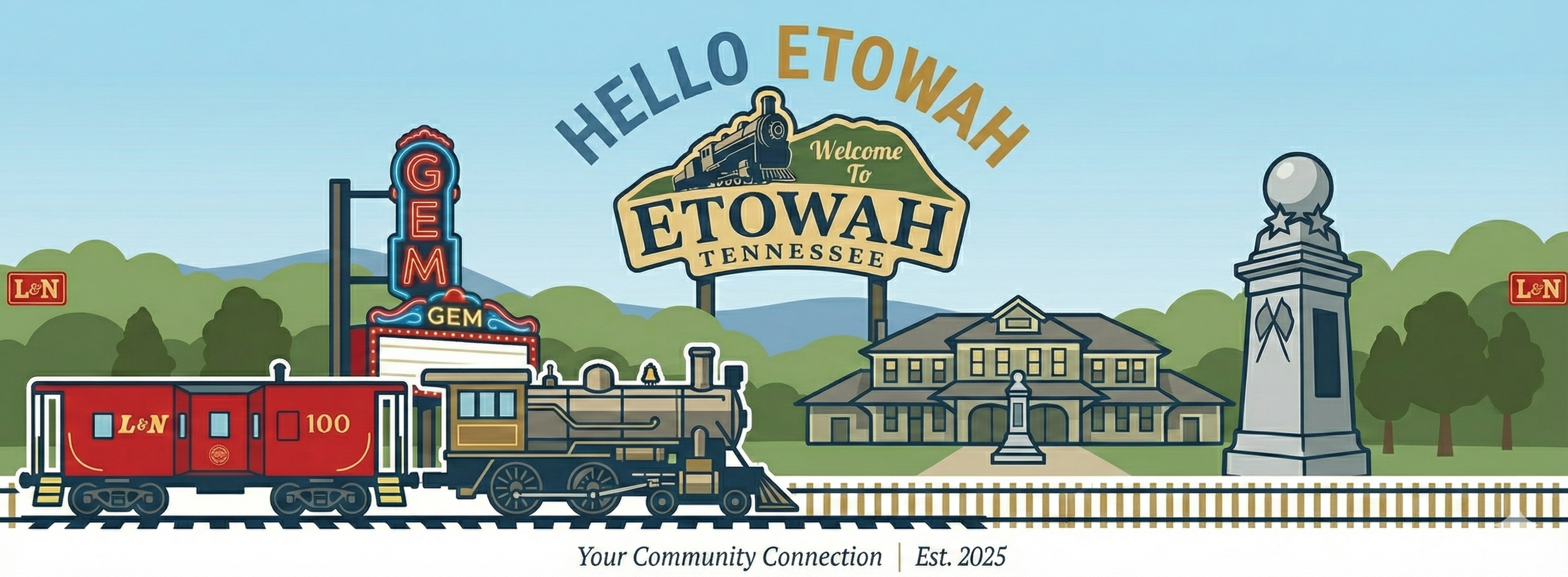 A scenic view of the Etowah, TN valley with a railroad.